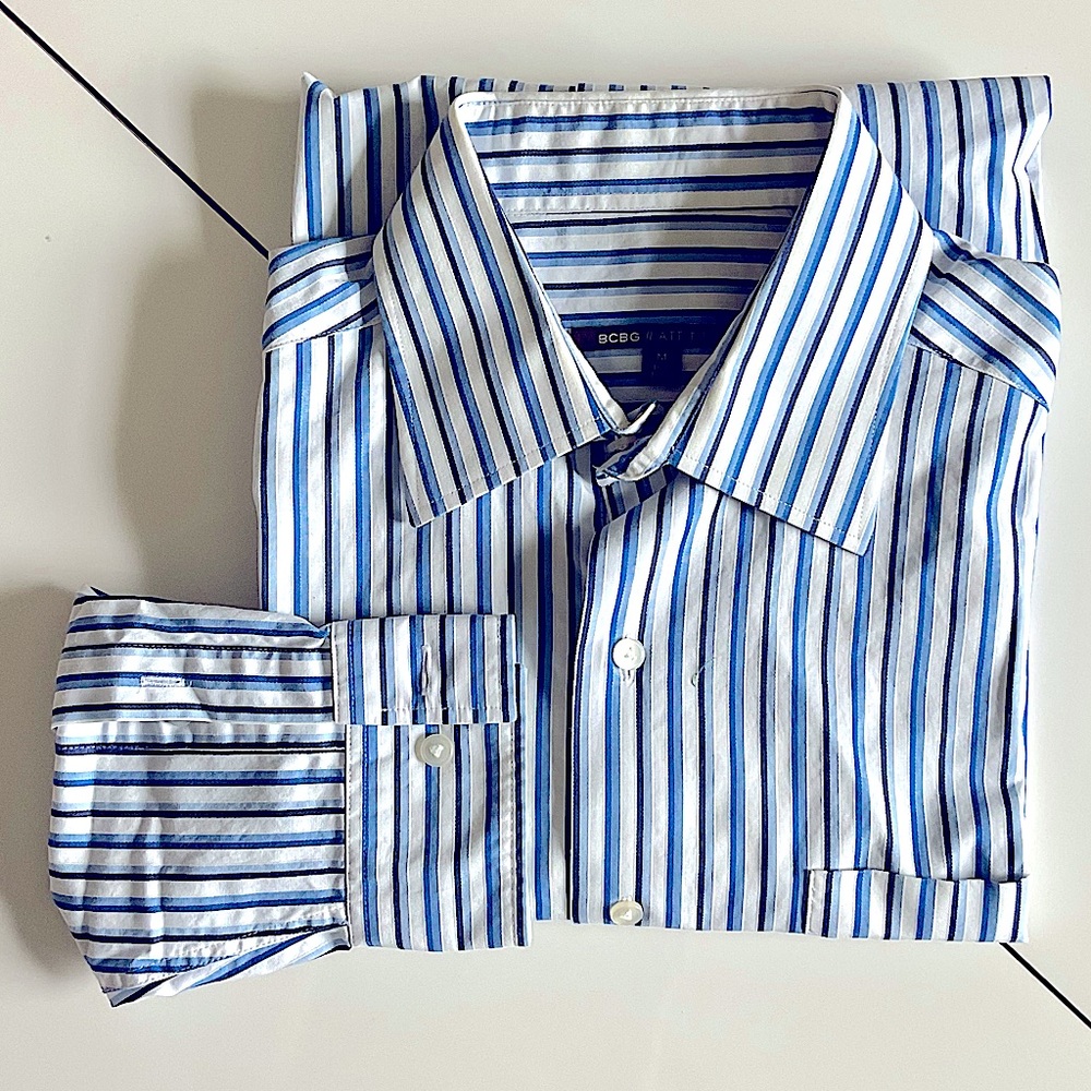 BCBG Attitude Striped Dress Shirt Modern Fit Blue/White/Black M